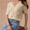 Milumia Women's Short Sleeve V Neck Button Down Sweater Hollow Out Casual Knit Tops Elegent Cardigan (Beige, L)