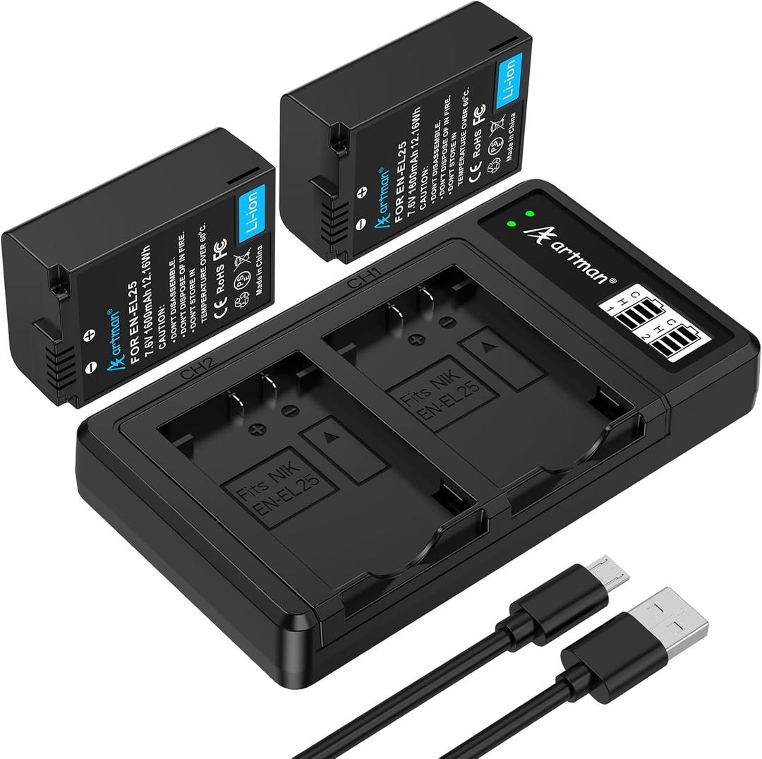 Artman EN-EL25 EN-EL25A Battery 1600mAh 2-Pack and USB-C LCD Dual Charger Compatible with Nikon Z50II, Z50, Z30, ZFC Camera 4241 Battery, MH-32 Charger