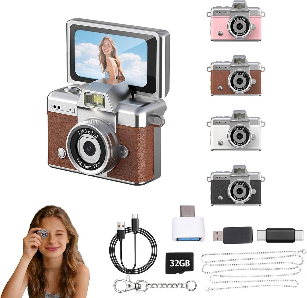 Mini Keychain Camera,1080P Mini Digital Camera,Retro Flip Screen Small Bodycam,Pocket-Sized with Adapter and 32GB Card (Expandable to 128GB),Novelty Gadgets,for Kid,Travel,Vlog,Collection (Brown)