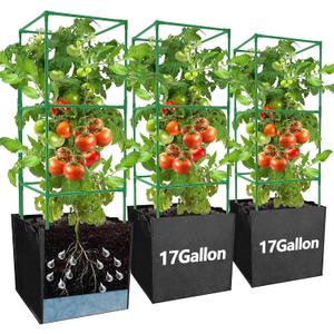 3 Packs 47 x 16 x 16 Inch Garden Tomato Cages with 17 Gallon Grow Bags- Square Plant Support Trellis Assembled with Planter Bags- Garden Cucumber Vegetables Frames for Vertical Climbing Plants