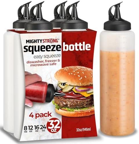 MIGHTY STRONG Condiment Squeeze Bottles - 32 Oz Squirt Bottles for Liquids, Easy Pour Sauce Bottles with Leak Proof Snap Cap 4 count