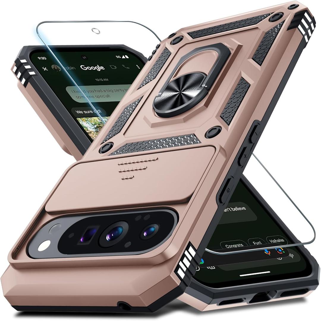 Janmitta Case Compatible with Google Pixel 10 Pro XL Built in Slide Camera Lens Cover+Screen Protector+Finger Ring Holder Kickstand,Heavy Duty Shockproof Full Body Protective Phone Cover,Rose Gold