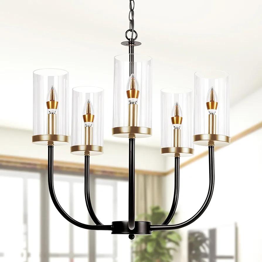 Black+Gold Chandelier, Ceiling Light Fixture, Dining Room Light Fixture, 5-Light Modern Farmhouse Chandelier, Industrial Modern Chandelier For Bedroom, Dining Room, Kitchen, Hallway, Foyer, & Entryway
