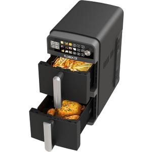 10-QT Dual Large Air Fryer, XL 2-Basket Air Fryer, 10-in-1 Technology Double Cooks 4 Foods at Once, Smart Finish & Match Cook, Air Fry, Broil,Bake, Easy Meals, Easy Clean and Dishwasher Safe, Black.