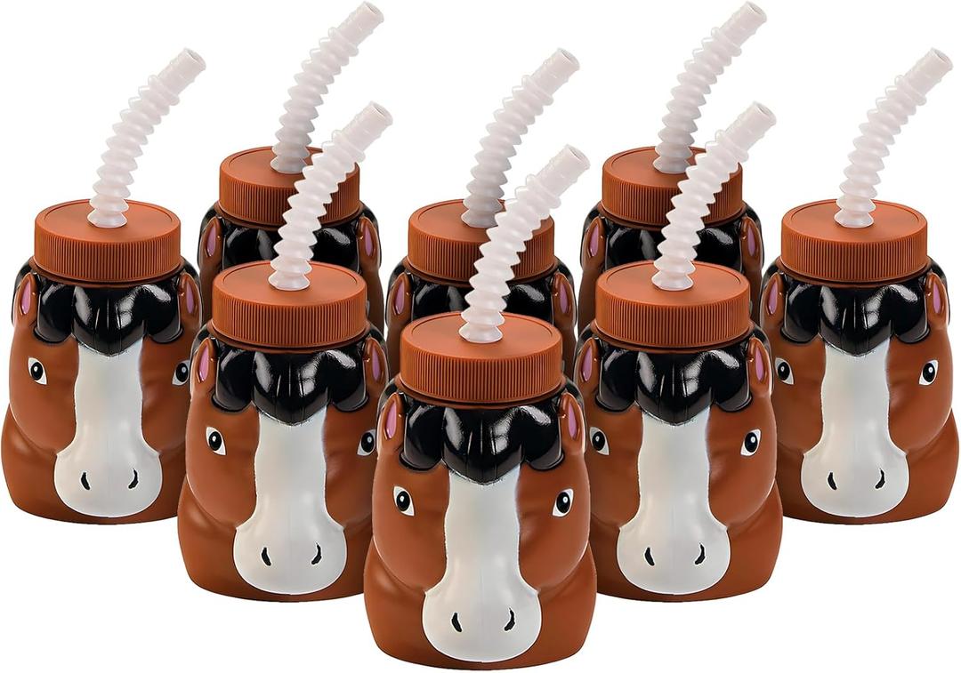 Fun Express Horse Shaped Cups with Lids and Straws 8 Pack - Reusable Plastic Kids Cups for Party Favors | Western Cowgirl Birthday Party Decorations & Supplies | BPA Free 14 oz Drinking Cups