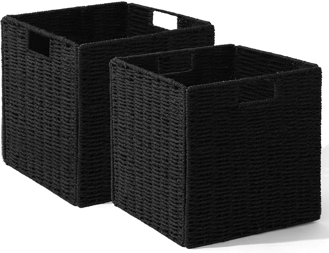 12x12x12in Wicker Baskets for Storage,Set of 2 Hand-Woven Paper Rope Wicker Basket, Black Storage Cubes,Foldable Cube Storage Bins, Square Baskets for Organizing Shelves Decor