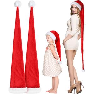 Geyoga 2 Pcs Christmas Santa Hat Extra Long Plush Christmas Hat White Xmas Claus Cap for Party Costume (Adults, Red)