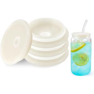 Joyclub 4 Pack Acrylic Lids for 16 oz Glass Cups with Bamboo Lids and Straws Reusable Iced Coffee Cup Beer Can Drinking Glasses for Smoothie Whiskey Boba Soda Tea Gift (Cream White)