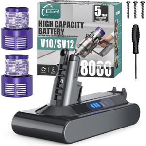 EGR 8000mAh Battery Replacement Compatible with Dyson V10 Animal/Absolute/Fluffy/Motorhead SV12 Cordless Stick Vacuum Cleaner with 2 Filters (Not Fit V8 and SV10).