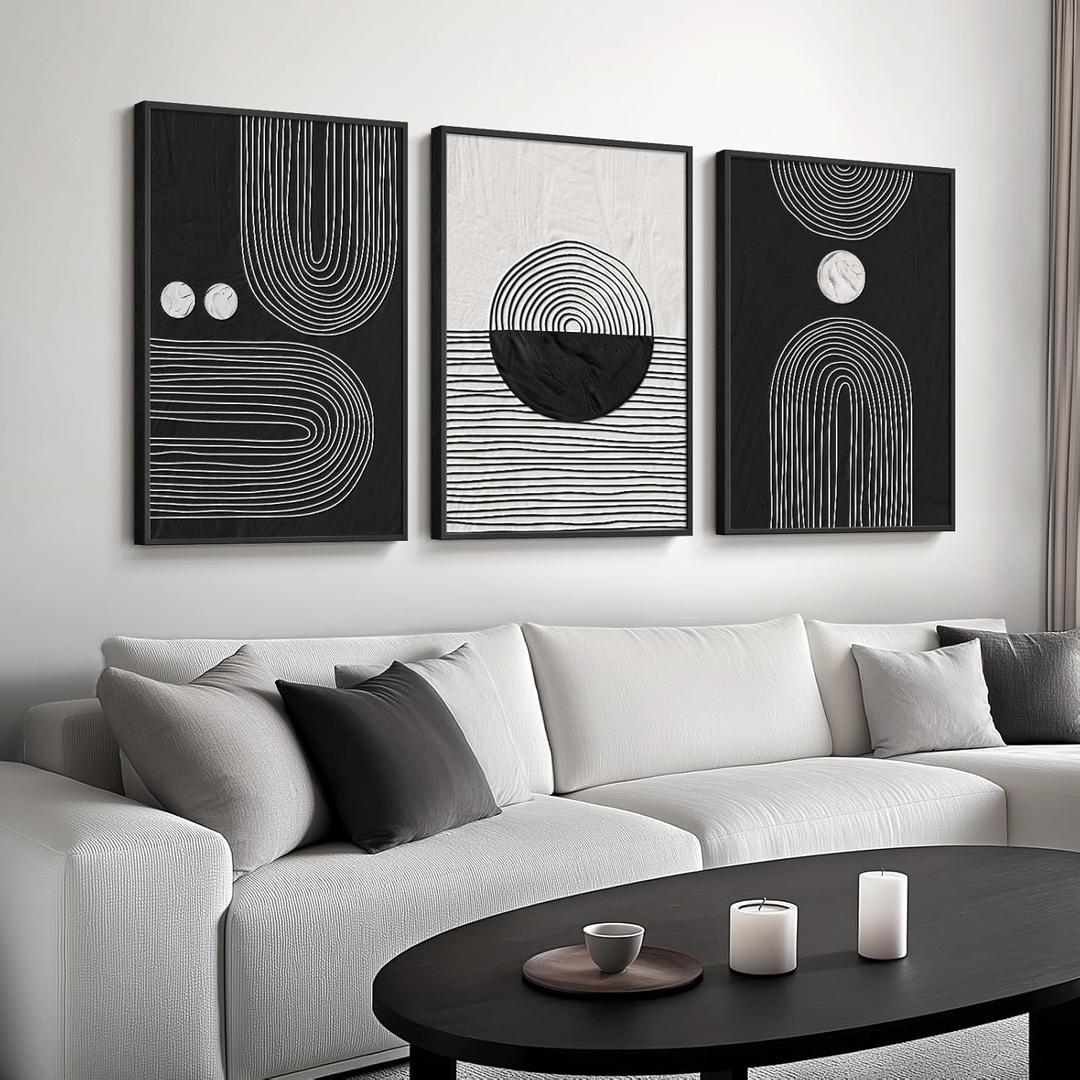 Framed Black and White Boho Wall Art for Living room, Large Black Abstract Geometric Artwork for Walls Mid-Century Modern Pictures Minimalist Bohemian Wall Art for Hallway Office Wall Decor 24x36 Inch