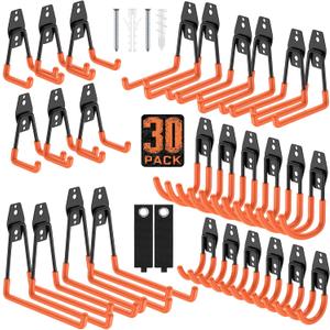 Garage Hooks with Anti-Slip Coating,Heavy Duty Wall Mount Storage Hooks for Hanging Bike,Hose,Ladder,Yard,Garden Tools (30 Pack Orange)