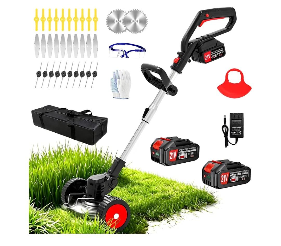 21V Electric Weed Wacker Cordless Weed Eater Battery Powered String Trimmer2 Battery Operated & Wheels & Metal Blades, Lightweight 4 in 1 Grass Trimmer/Brush Cutter/Lawn Edger/Mower for Garden Yard