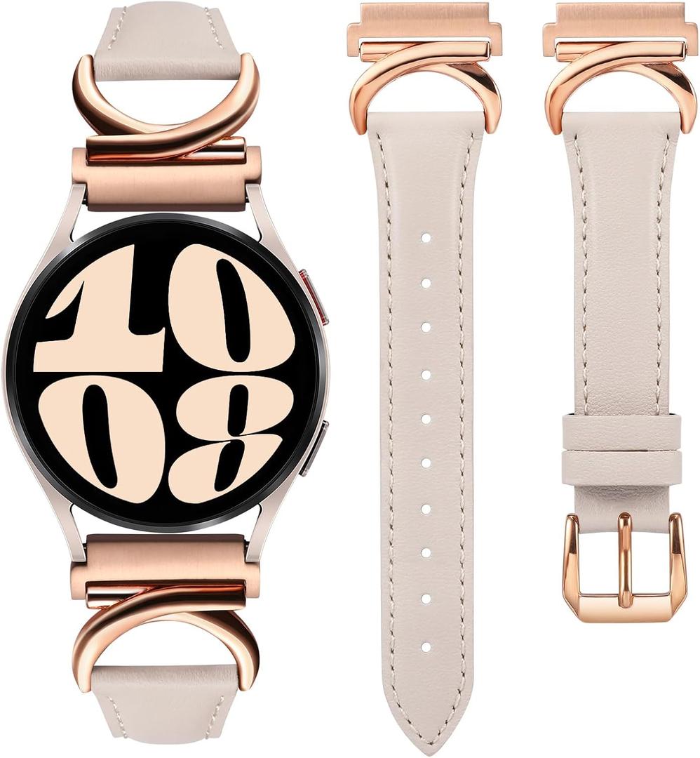 Minyee Leather Band Compatible with Samsung Galaxy Watch 7/6/5/4/FE/Active 2 40mm 44mm/Watch 6 Classic 43mm 47mm/Watch 5 Pro 45mm Bands, 20mm Slim Dressy Leather Strap with C-Shape Metal Buckle Women (Starlight/Rose Gold)