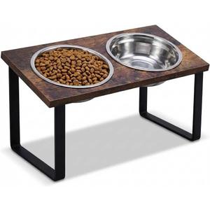 Elevated Dog Bowl Stand for Medium and Large Dogs, MDF Raised Dog Feeder with 2 Stainless Steel Bowls, Tilted Dog Food and Water Dish Set, Wooden Pet Feeding Station (Black)
