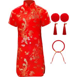 Jecery 3 Pcs Chinese New Year Outfit Set for Girl Red Chinese Dress Traditional Qipao Chinese Style Pom Hairpins Red String Bracelet (2T-3T)