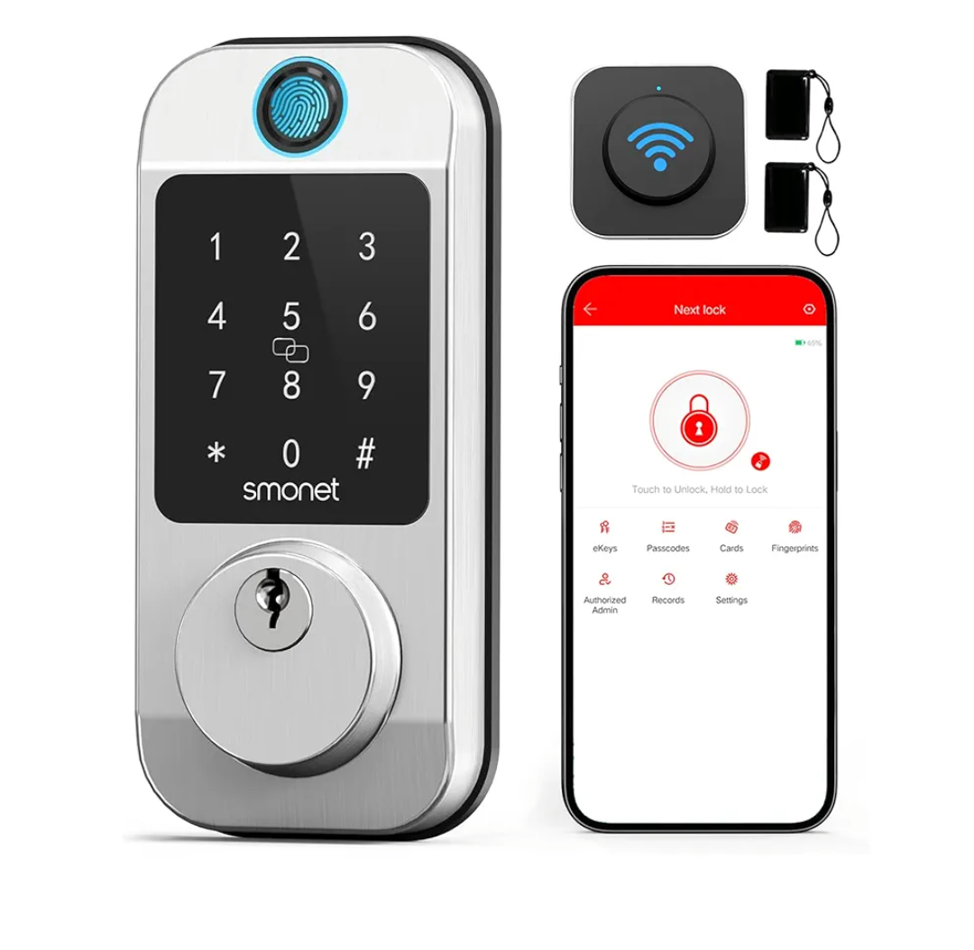 Smart WiFi Door Lock Deadbolt: SMONET Keyless Enrty Front Door Alexa Fingerprint Keypad Deadbolt Biometric Digital Electric Touchcreen Bluetooth APP Gateway Remote Control for House, Satin Nickel