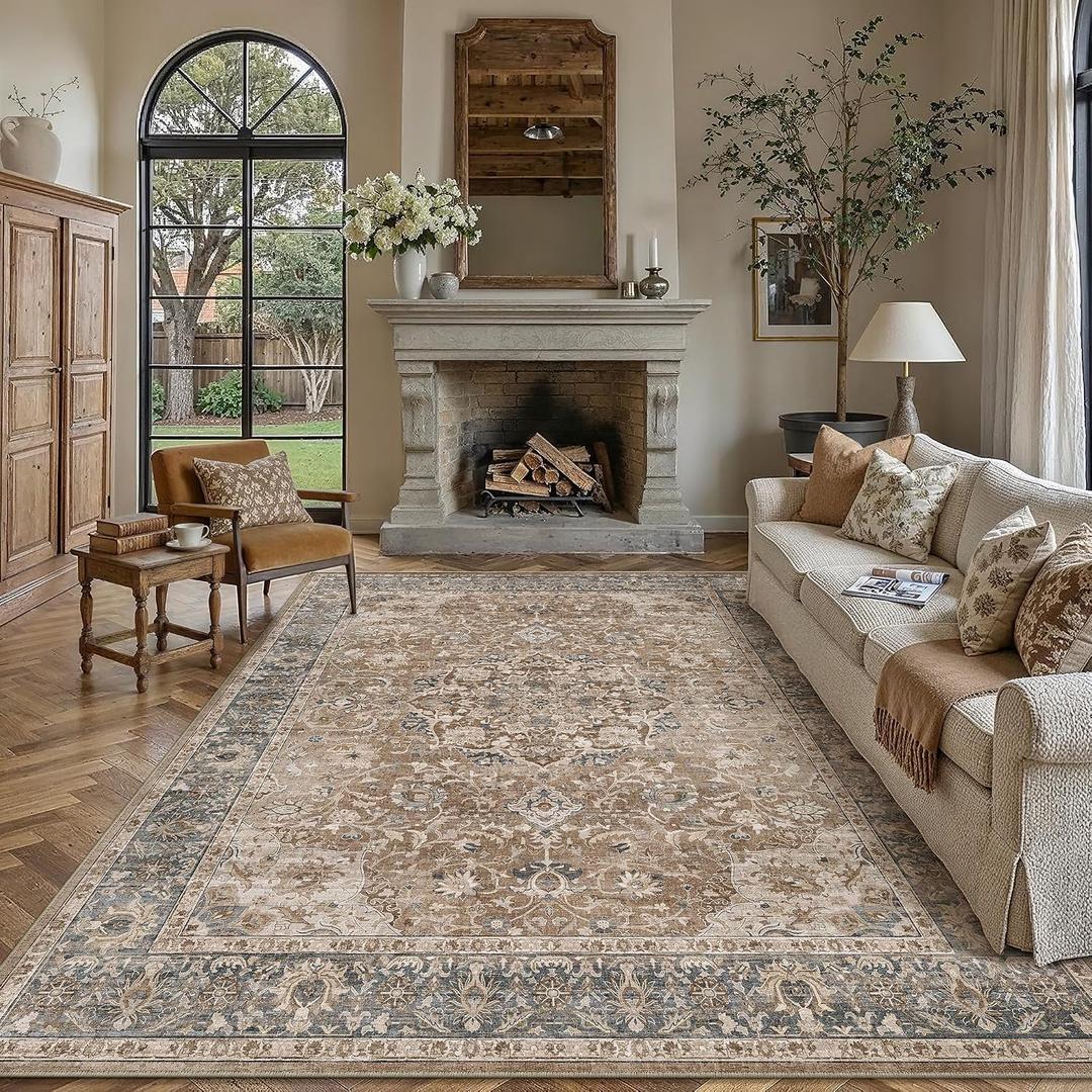 Area Rug 8x10 Brown Vintage Floral Washable Farmhouse Style