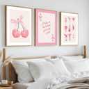 YHLARTQR 3Pcs Trendy Pink Cherry Bows Wall Art Coquette Preppy Wall Decor Posters Pink Cocktail Painting Pictures Lucky Girl Poker CanvasPrints for College Apartment Home Decoration 12x16in Unframed