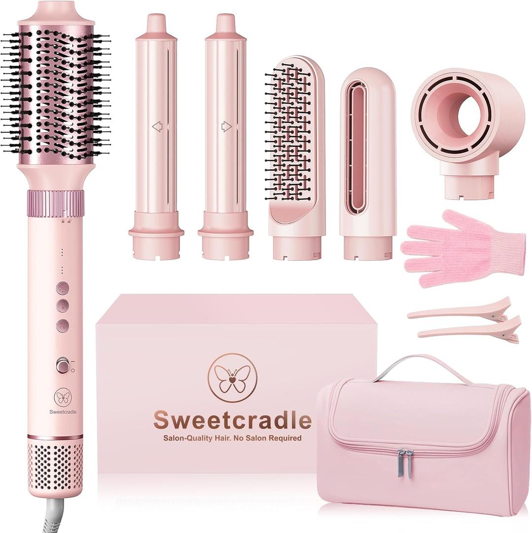 6 in 1 Air Styler, 1400W High Speed Ionic Hair Dryer with Auto-Wrap Curlers, Blow Dryer Oval Brush & Straightener Brush, No Heat Damage Hair Styler for Fast Drying,Curling, Smoothing & Volume (Pink)