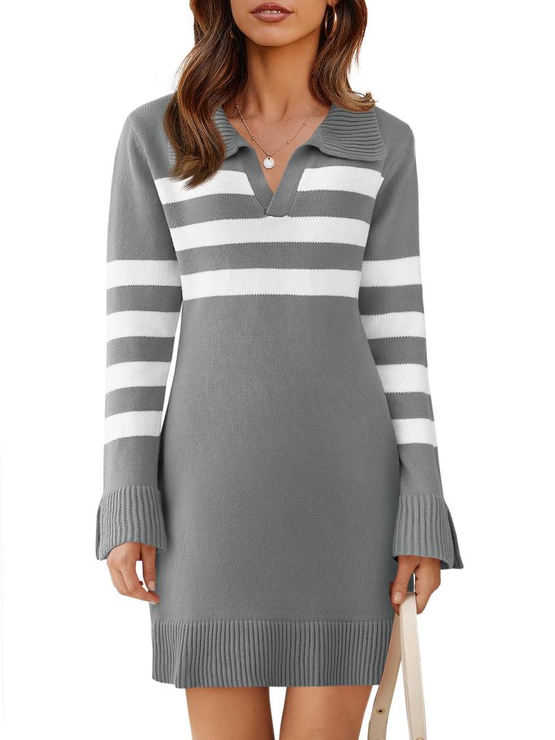 Saodimallsu Womens Striped Sweater Dress V Neck Collared Long Sleeve Slim Fit Ribbed Knit Trendy Mini Dresses (XL, Gray)
