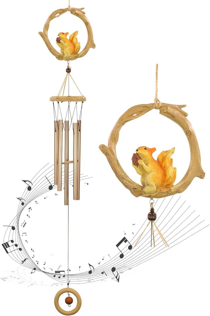 Fariita Resin Squirrel Wind Chimes for Outside 32 Inch Hanging Decor for Backyard Patio Outdoor Decor Bronze