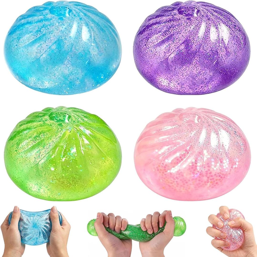 4Pcs Glitter Slow Rebound Stress Balls, Soft Squeeze Tactile Balls for Anxiety Relief, Portable Desk Decor & Gift for Adults
