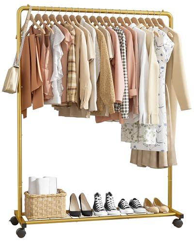 Sakugi Clothes Rack - Clothing Rack with Storage Mesh Shelf & Casters, Heavy-Duty Metal Clothing Rack for Hanging Clothes, Dresses, Coats, Large Load Capacity, Easy Assembly, Gold, 44.3"x16.9"x59.0"