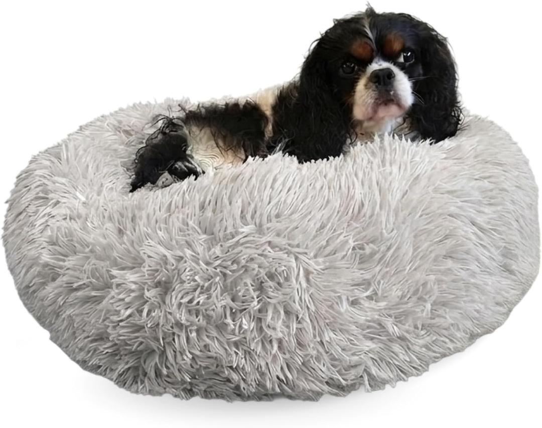 Active Pets Premium Small Donut Dog Bed, Fits Up to 45 lbs, Machine Washable Cushion, Plush Long Pile Faux Fur Fabric, Portable Light Grey Pet Bed Furniture for Puppies Adult Canines & Cats