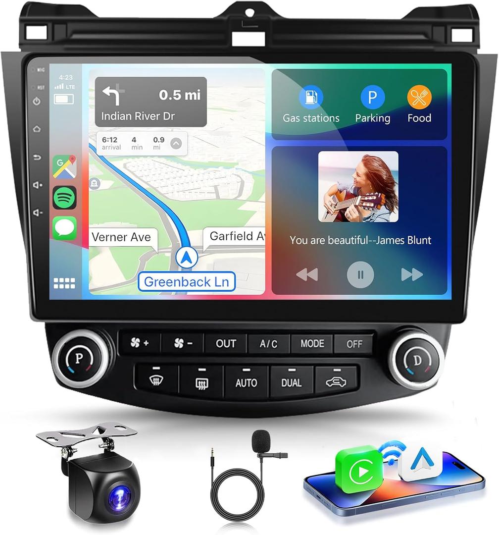 Android 13 Car Stereo for Honda Accord 2003-2007 Radio Wireless Carplay Android Auto 10.1 inch 1080P HD IPS Touch Screen DSP EQ Built-in GPS MirrorLink WiFi Bluetooth FM/RDS AHD Backup Camera Mic