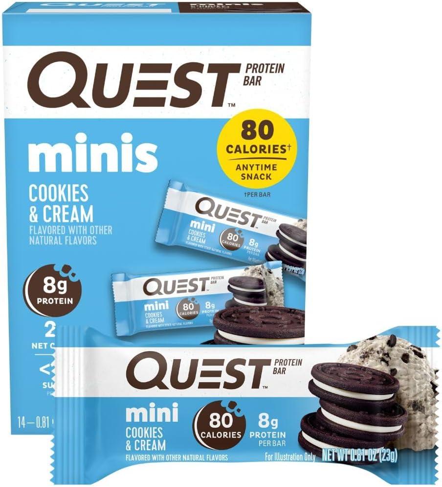 Quest Nutrition Mini Cookies & Cream Protein Bars, 8g Protein, 1g Sugar, 2g Net Carbs, Gluten Free, 14 Count (EXP 06/07/26)