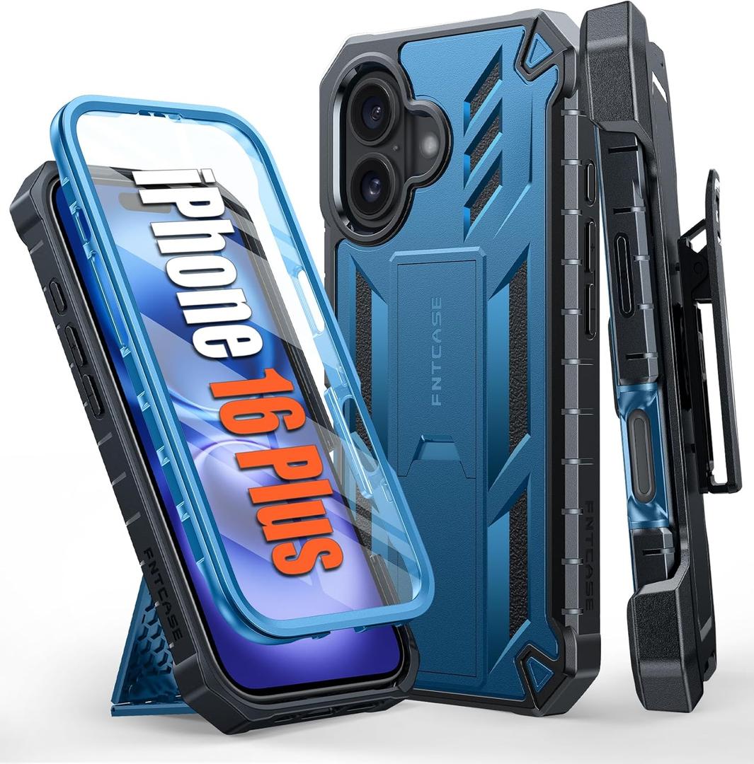 FNTCASE for iPhone 16 Plus Case: Military Grade Rugged Cell Phone Cover with Kickstand & Holster | Shockproof TPU Protection Bumper Matte Textured Design for iPhone 16 Plus Cases 6.7 inch - Blue