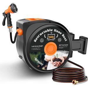 Retractable Garden Hose Reel, 50ft x 1/2", Wall Mounted, 10-Pattern Nozzle | 180 Swivel Bracket, Any Length Lock, with Nozzle Set, for Garden Watering, Car Washing & Patio Cleaning