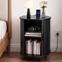 DHH Round End Table with Storage & Charging Station, Fluted Accent Side Table with Sliding Door & Adjustable Shelf, Mid-Century Nightstand for Small Spaces, Living Room, Bedroom (1, Black)