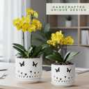 2 Pack, 5 + 6 Inch White Orchid Pots with Butterflies and Tulips Holes and Saucer, Ceramic Orchid Planters for Repotting with Drainage Holes and Tray Indoor Outdoor, Butterfly Gift