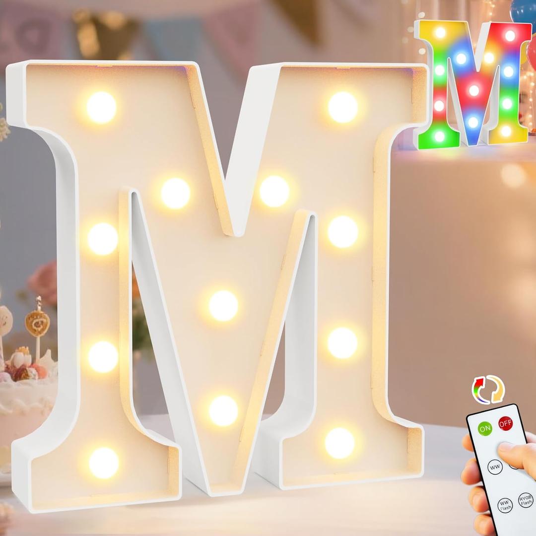 Pooqla LED Light Up Letters, Warm White and Colorful Lighted Marquee Letters with Remote, Lighted Letter for Party Birthday Decorations, Gift for Girls Boys Night Light, Wedding Home Decor, Letter M