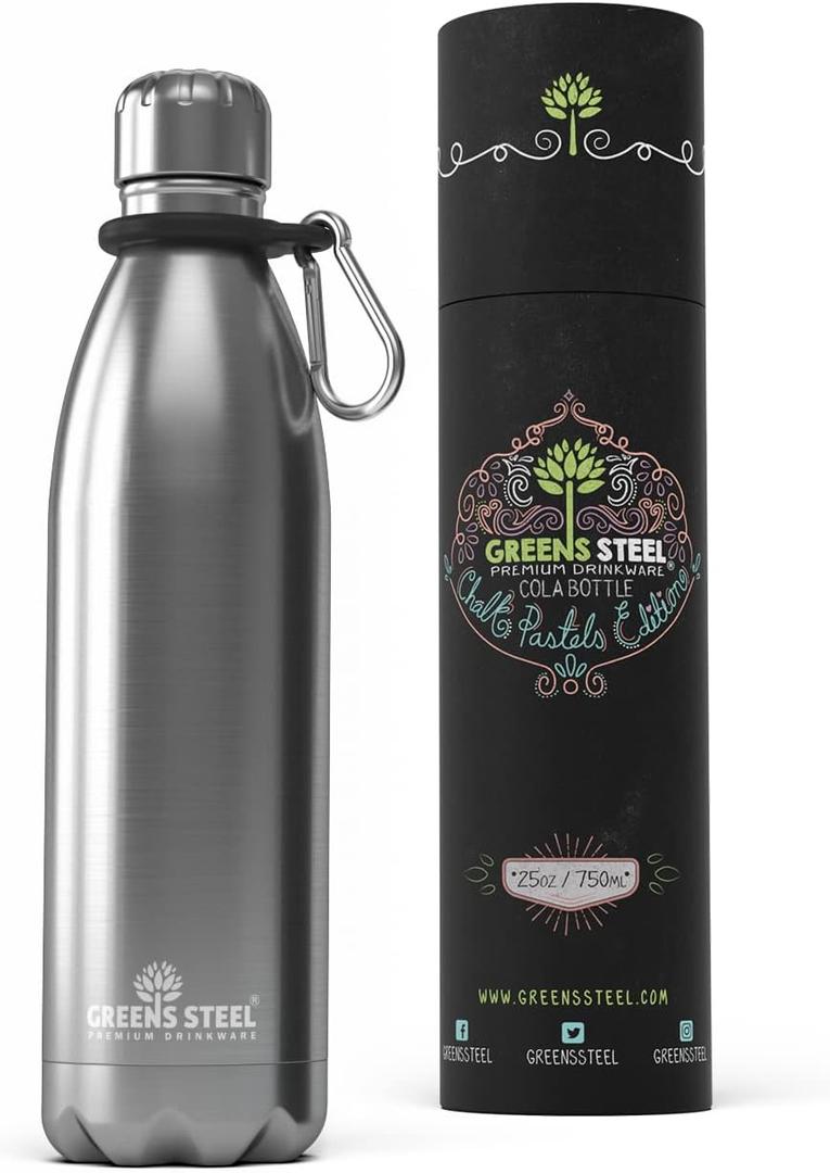 Greens Steel Stainless Steel Water Bottle - 25 oz, Steel | Vacuum Insulated Double Wall with Screw Lid/Leak Proof | Thermal Travel Sports Canteen Coffee Flask