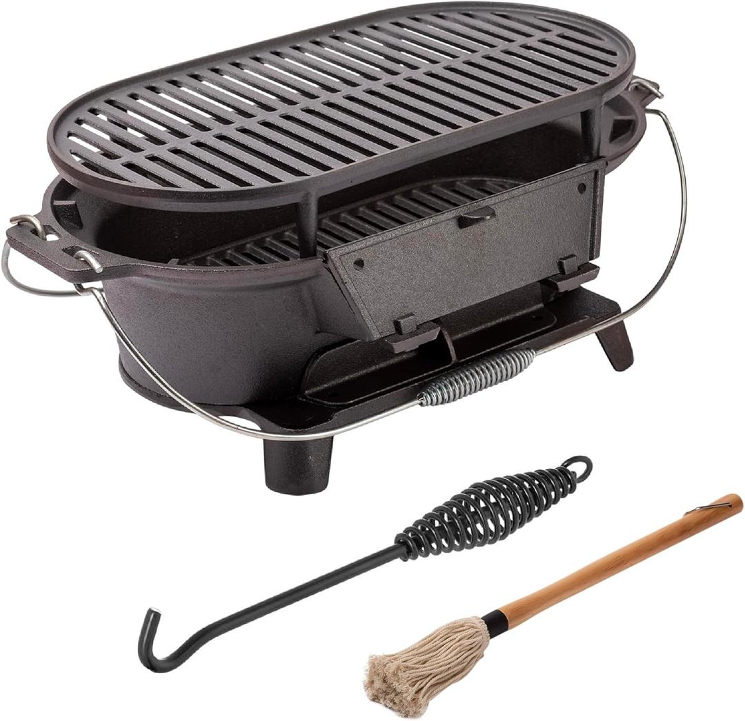 LOLE Portable Grill- Cast Iron Charcoal BBQ - Complete with Barbeque Basting Brush and Water - Resistant Nylon Cover