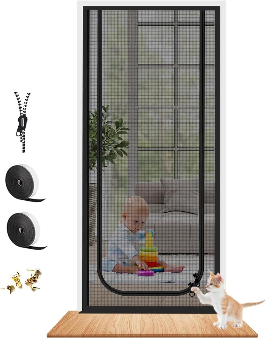 Dixutzi Reinforced Cat Screen Door Fits Door Size 30''x 80'', Heavy Duty Pets Proof Screen Door with Zipper, Prevent Dogs Cats Running Out from Home (Black)