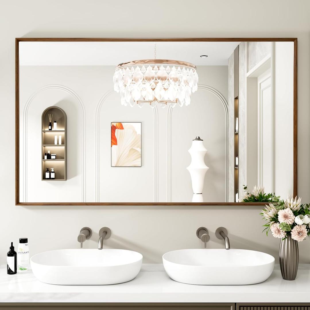 Bathroom Mirror, 55x30 Inch Framed Mirror, Rectangular Wall Mirror, Vanity Mirror Wall Mounted, Anti-Rust, Tempered Glass, Hangs Horizontally or Vertically - Walnut