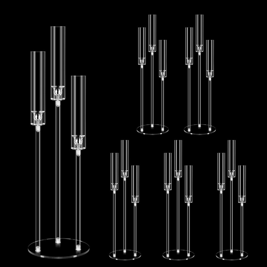 6 Set 3 Arms Acrylic Candelabra Centerpieces for Wedding Table Decorations,30.7" Clear Candlesticks Holder with Acrylic Shade for Valentine's Day Dinner Party Fireplace Decor Fit LED Candle