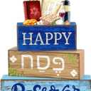Lineshading 4 Pcs Happy Passover Table Decorations Wooden Menorah Table Centerpieces Pesach Jewish Holiday Party Passover Seder Meal Tabletop Topper Mantel Shelf Decor