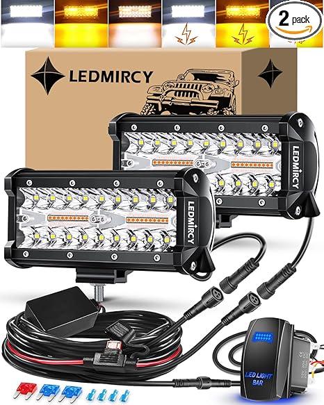 LEDMIRCY 7 Inch LED Light Bar Kit with Rocker Switch 6 Modes White Amber Offroad Light Bar with Memory Function Strobe Light with Wiring Harness Flashing Work Lights for Trucks Boat Tractor Etc