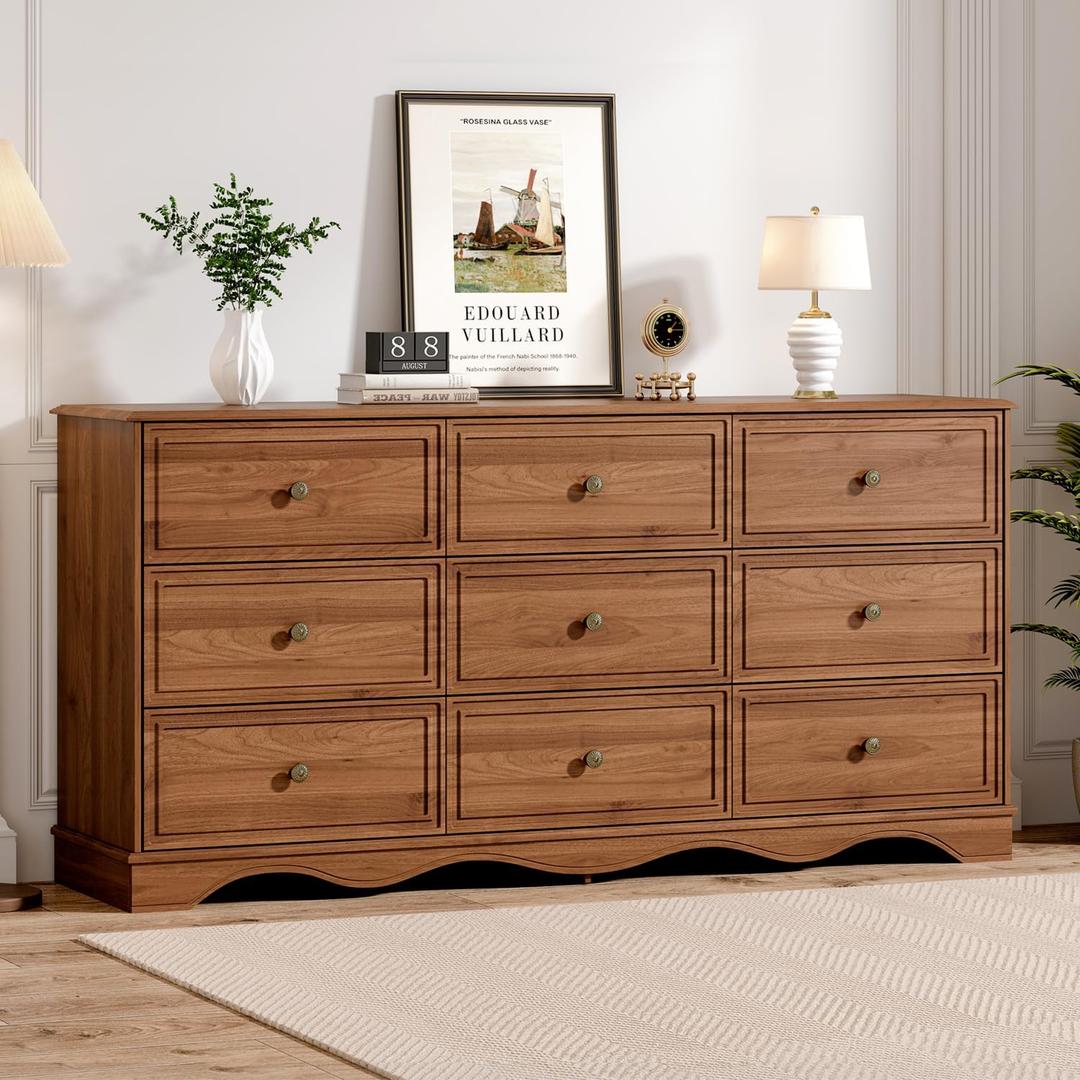 Chrangmay 9 Drawer Dresser,63" Wide Mid Century Chest of Drawers,Wooden Bedroom Drawer Dresser with 9 Storage Drawers for Bedroom,Living Room,with Anti-Tipping Device,Umber