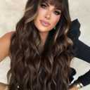 AISI QUEENS Brown Wig with Bangs for Women Long Wavy Hair Wig Brown Highlight Wig Curly Wavy Synthetic Wigs for Girls Daily Party Use