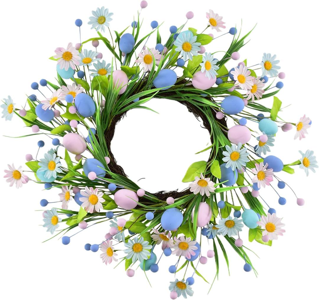 Spring Easter Wreaths for Front Door in 16 inch, Artificial Daisy Easter Egg Decorative,Farmhouse Spring Decorations, Front Door, Wall, Wedding, Easter,Spring(Blue&Pink)