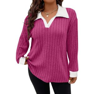 Koscacy Women Plus Size Casual Knit Sweater Lapel V Neck Solid Color Tops Lightweight Long Sleeve Blouses (X-Large Plus, Rose Pink)