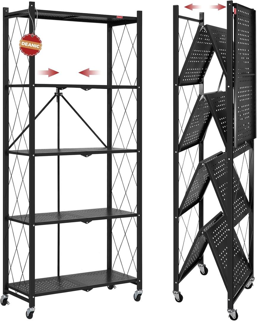 DEANIC 5 Tier Foldable Storage Shelves with Wheels, Large Capacity Shelving Unit, Freestanding Metal Wire Shelf Rack, No Assembly Organizer Rack for Garage Kitchen, Basement, Pantry(Black)
