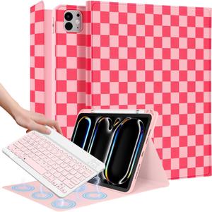 for iPad Pro 11 inch Case with Keyboard M4 - Pencil Holder Folio Women Girls Cute Kawaii Unique Design for Apple Tablet Cover Pro 11 2024, Pink Checkered