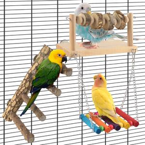 DBNESS 4 Pcs Bird Perch with Swing, Parrot Perches Platform with Chew Blocks, Natural Climbing Ladder Bridge Colorful Hammock for Budgies, Cockatiels, Lovebirds, Finches