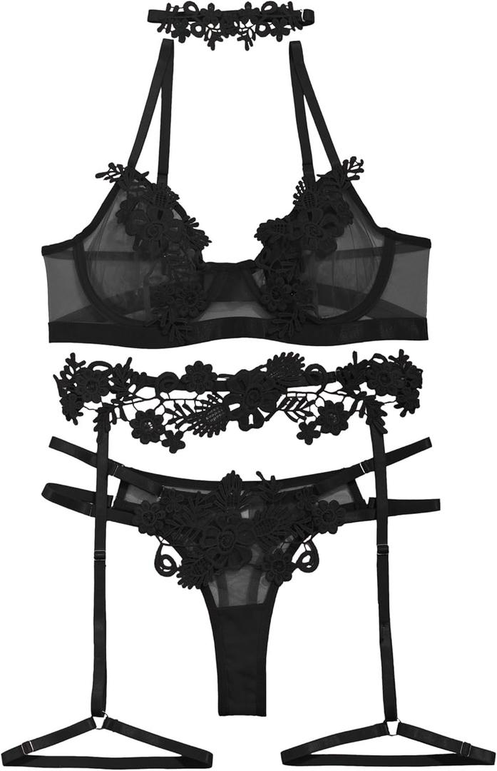 Lilosy Sexy Cute Applique Embroidered Underwire Push Up Garter Belt Chocker Lingerie Set (Medium, Black)